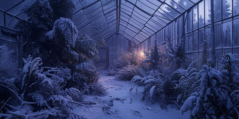 greenhouse in the middle of a winter snowstorm, plants covered in snow, icy glass panes, captured at twilight