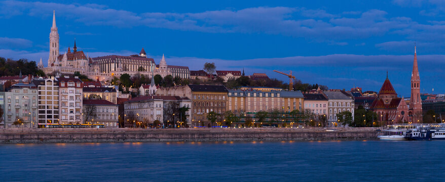 Night illumination of Budapest with Matthias Church and Fisherman Bastion in Hungary.