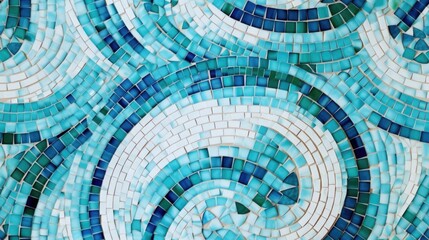 Mosaic of swirling blue and white tiles with varying shapes and shades.