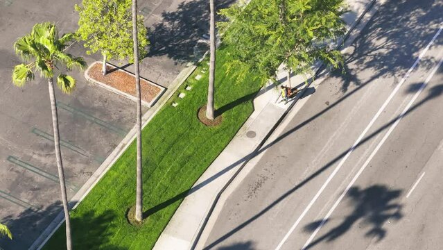 Man using electric powered leaf blower to blow leaves from the sidewalk at The Commons shopping center in Calabasas, Los Angeles, USA. Overhead shot of worker clearing leaves and dust on the street