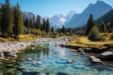 The crystal clear river flowing through the valley - obrazy, fototapety, plakaty