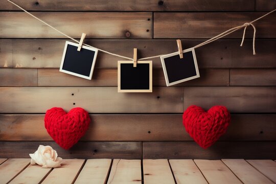 Clothesline love Red heart, two photo frames on wooden background