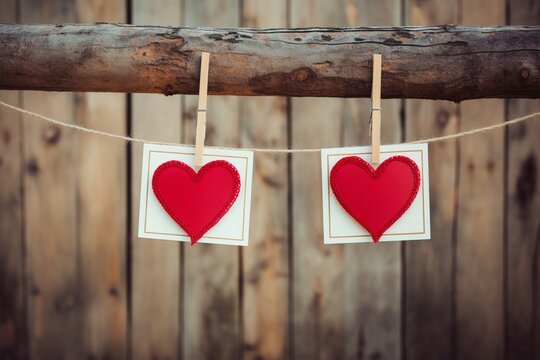 Hanging memories Two photo frames, red heart on clothesline