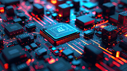 AI Technology Circuitry with Glowing Neon Lights and Processor Chip