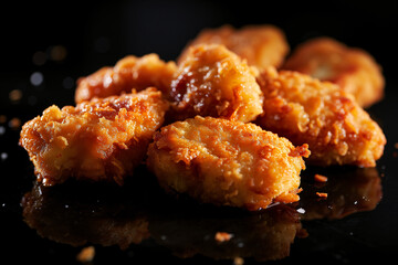 Close up freshly fried boneless chicken nuggets with black background - obrazy, fototapety, plakaty