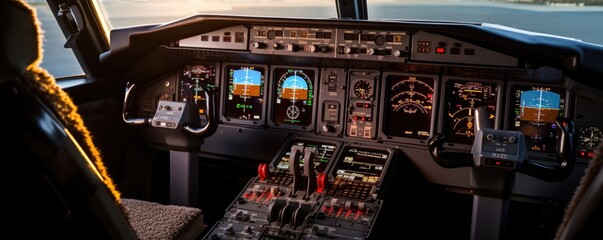 Airline flight pilots deck and controls - obrazy, fototapety, plakaty
