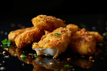 Close up freshly fried boneless chicken nuggets with black background