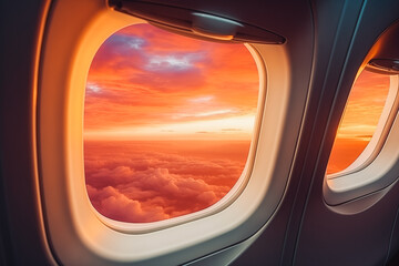 Beautiful sunset, sky on the top view, airplane flying view from inside window and cloud, sun down...