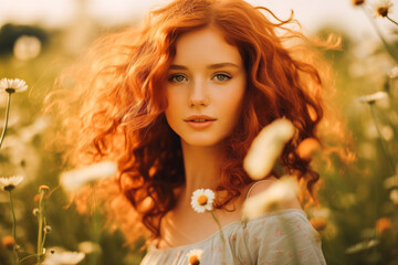 Beautiful young girl with curly red hair in chamomile field.
