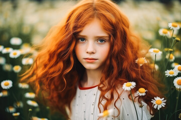 Fototapeta premium Beautiful young girl with curly red hair in chamomile field.