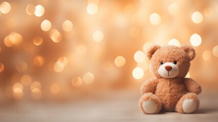 Warm Embrace: A Teddy Bear Amidst Golden Bokeh Lights Poster or Sign with Open Empty Copy Space for Text 
