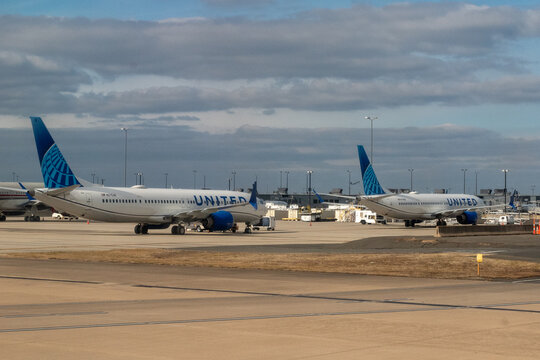 Dulles Airport, Washington DC USA - January 8, 2024  Two United Airlines grounded Boeing 737 Max 9 jets at Washington DC's Dulles International Airport - IAD 