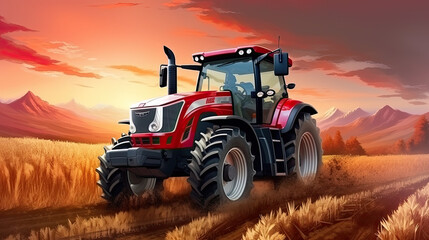 Fototapeta premium Red Tractor Plowing Through a Field at Sunset with Majestic Mountains in the Background and a Fiery Sky Above
