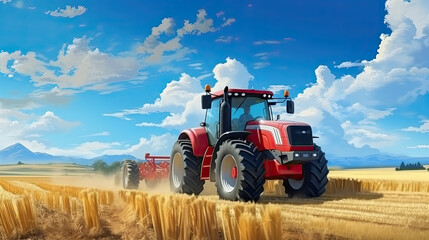 Obraz premium ed Tractor Tilling the Golden Wheat Field Under a Clear Blue Sky with Fluffy Clouds and Distant Mountains