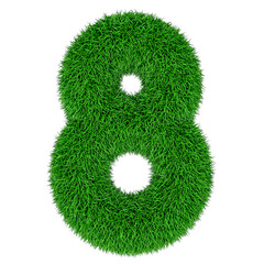 Number 8 from green grass, 3D rendering isolated on transparent background