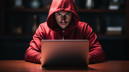 Junger Mann mit rotem Oberteil und Kapuze am Laptop Notebook - obrazy, fototapety, plakaty