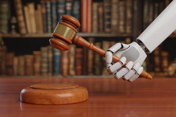 Robotic hand with wooden gavel. Concept of regulation of artificial intelligence. 3d illustration. - obrazy, fototapety, plakaty