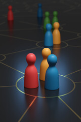 Close-up of colorful wooden pawns in interconnected circles on dark background. Concept of interrelationships. 3d illustration.