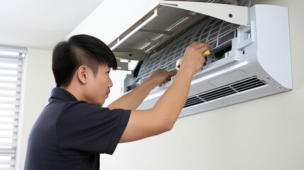 Fototapeta na wymiar Technician Servicing an Indoor Air Conditioning Unit