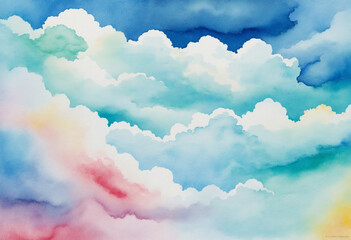 Rainbow watercolor background with clouds.