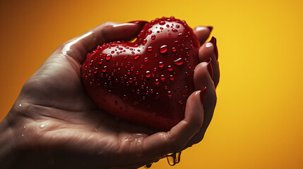 A woman's hand holds a red heart with water drops. Concept of finished love, broken heart, love depression - obrazy, fototapety, plakaty