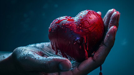 A man's hand clutches a bleeding heart. Concept of finished love, broken heart, love depression - obrazy, fototapety, plakaty
