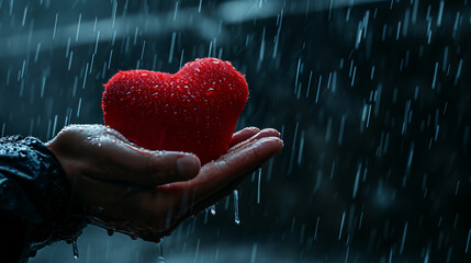 A man's hand clutches a plush red heart in the rain. Concept of finished love, broken heart, love depression - obrazy, fototapety, plakaty