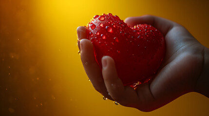 A woman's hand holds a red heart with water drops. Concept of finished love, broken heart, love depression - obrazy, fototapety, plakaty