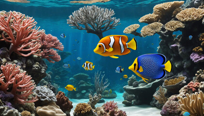 3d wallpaper coral reef tropical colorful fish in the water aquarium
