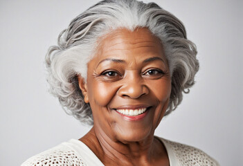 Close-up studio portrait of an elderly African American woman with gray hair, isolated on white background - obrazy, fototapety, plakaty