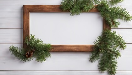 Pine leaves decorated as a frame on a white wooden background stock photoBackgrounds Christmas Vacations Wood Material