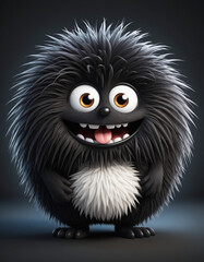 Fluffy black-haired monster. Cute fuzzy creature illustration.