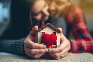 Couple in love hugging and holding a miniature house with a red heart in their hands. House of lovers. Affordable housing for young families. Accommodation for lovers of couples. Valentine's day house - obrazy, fototapety, plakaty
