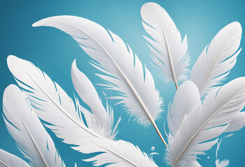 Fototapeta na wymiar Light Fluffy 3D Wallpaper with White Feathers Floating in Blue Sky