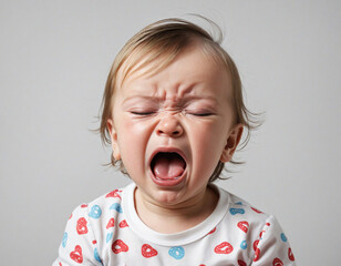 Close-up image of a crying toddler boy on white background.