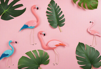 Summer trendy background with flamingo and leaves on pink. Handmade palm leaves and birds. Felt toy. Idea summer art crafts for kids in camp arts. Top view