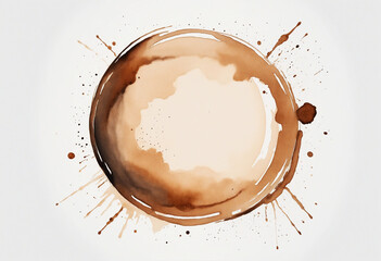 Coffee stain watercolor circle on white backdrop.