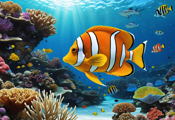 Colorful underwater coral reef fish swimming in a tropical 3D aquarium scenery