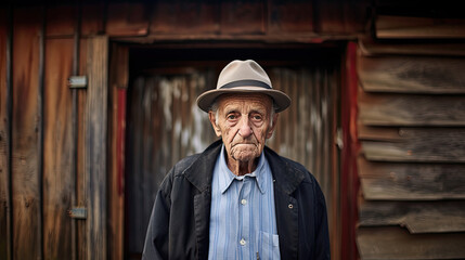 Elderly Man with a Fedora Against a Rustic Wooden Backdrop