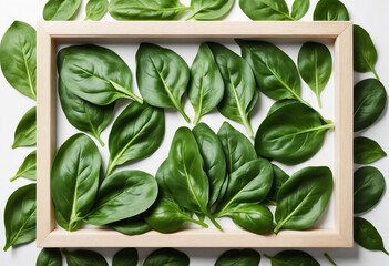 Spinach leaf frame on white background. Fresh spinach isolated. Food styling with healthy ingredient. Salad preparation. Top-down view.