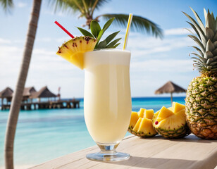 cold pina colada with cream and pineapple photographed up close. - obrazy, fototapety, plakaty