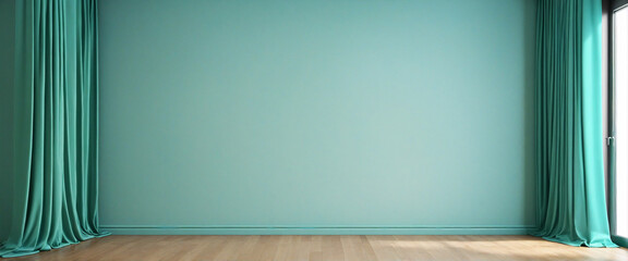 Pastel turquoise blue green empty wall in room with coloured silk curtain drapes. Mock up Template...