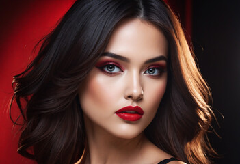 Fototapeta premium Dramatic Closeup of Beautiful Woman with Red Makeup and Dark Hair
