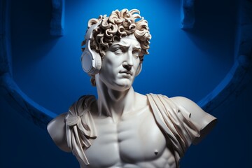 Minimalistic 3D Headphone Sculpture on White Marble Human Head for Art and Design Enthusiasts