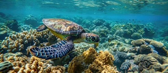 Turtle on coral, underwater postcard from Maui.