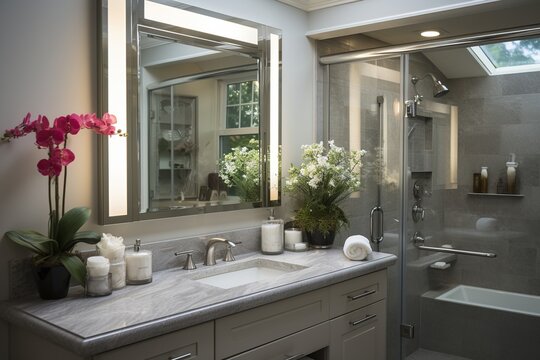 Modern bathroom with gray vanity, marble countertop, vessel sink and frameless glass shower