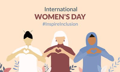 Campaign 2024 #inspireinclusion. Conceptual celebration of International Women's Day. March 8. Card, template with heart shaped fingers