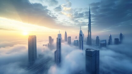 Downtown Dubai with skyscrapers submerged in think fog. Picture taken from unique view. Tall buildings. Early morning glow - obrazy, fototapety, plakaty
