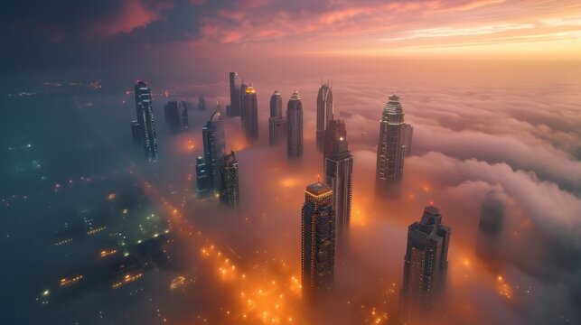 Downtown Dubai with skyscrapers submerged in think fog. Picture taken from unique view. Tall buildings. Early morning glow