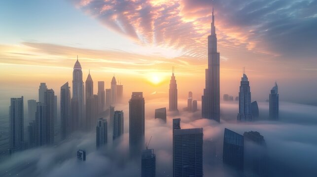 Downtown Dubai with skyscrapers submerged in think fog. Picture taken from unique view. Tall buildings. Early morning glow